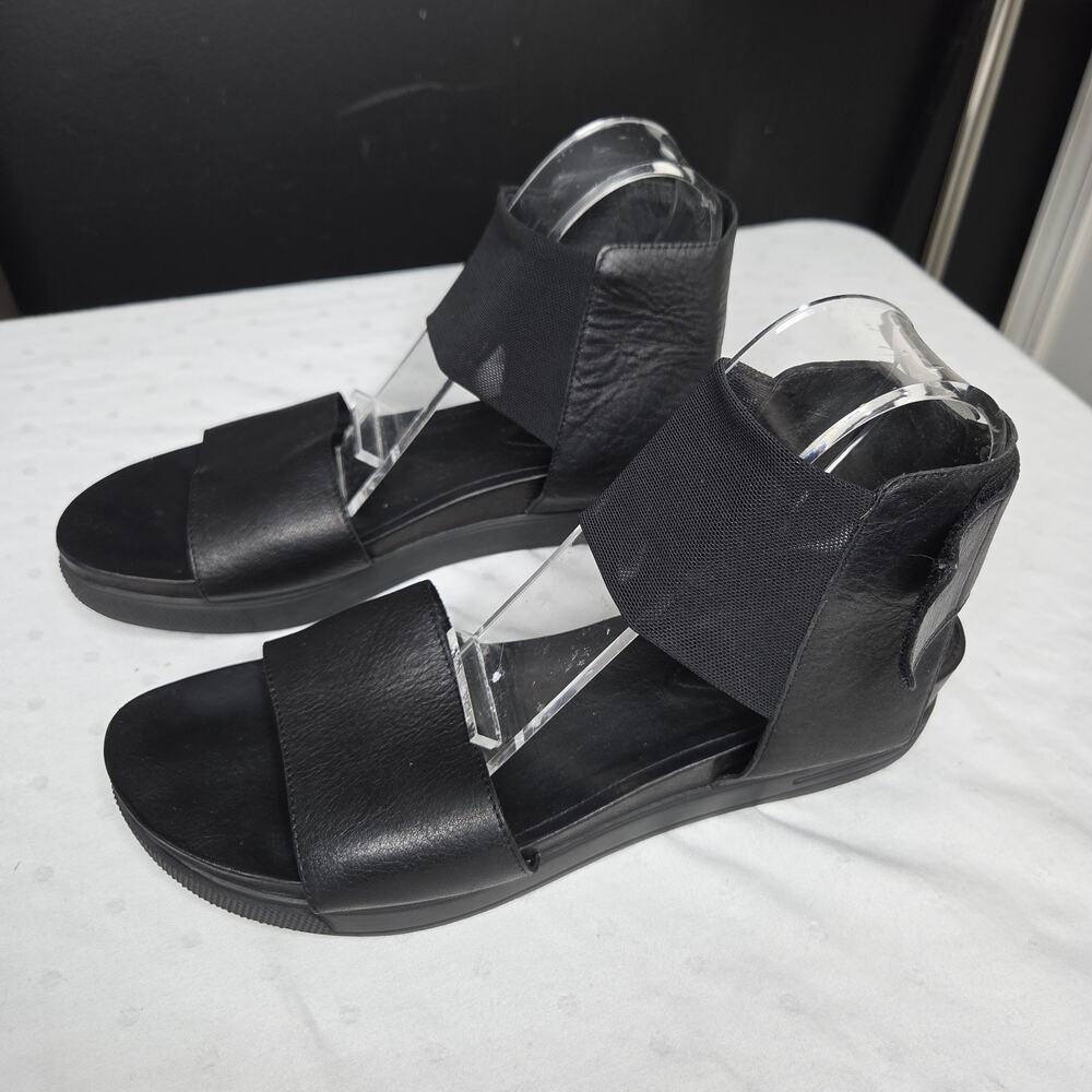 EILEEN FISHER Women's Black Leather Mesh Ankle Wedge Sandal Sz 10 EUC